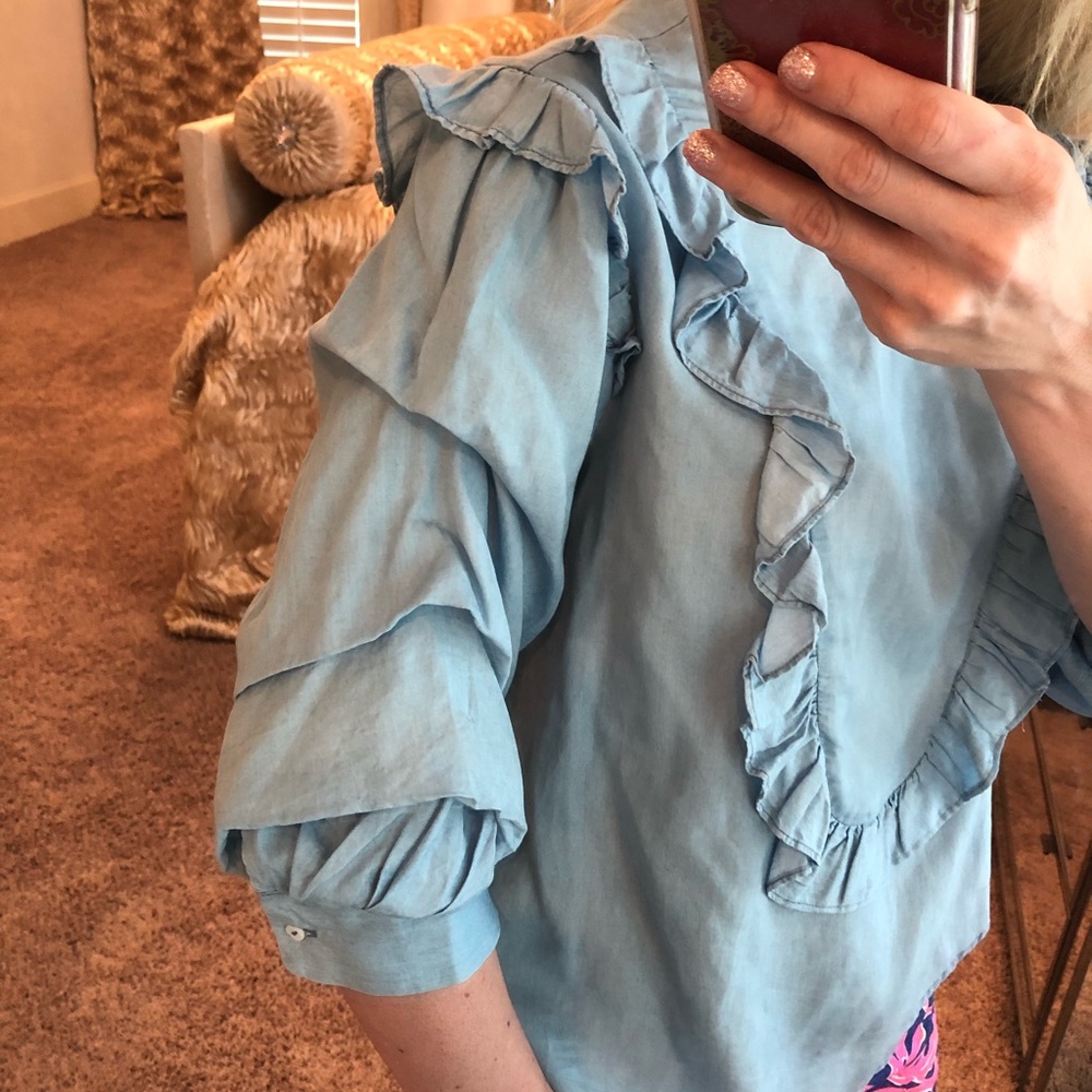 H&M Premium Denim Chambray Ruffle Top Small - Picture 3 of 8